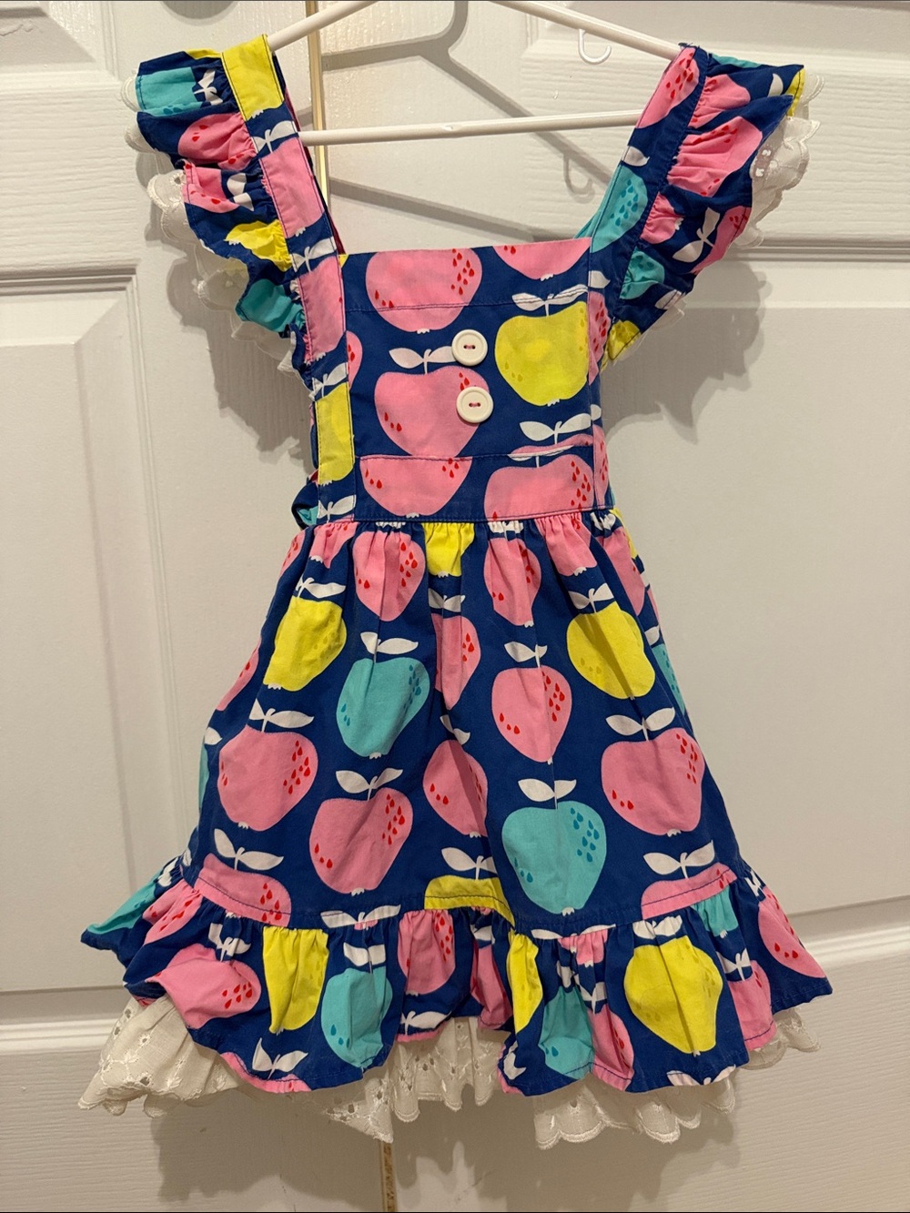 Eleanor Rose Apple Print Ruffle Dress - Navy with Pink, Yellow & Teal Sz 3/4